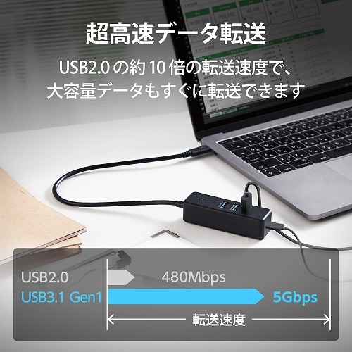 エレコム USB PD充電対応 USB Type-C HUB (USB3.1Gen1)｜U3HC-T431P5BK