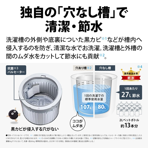 SHARP（シャープ） 全自動洗濯機 穴なし槽シリーズ｜ES-GE6K-W｜[通販