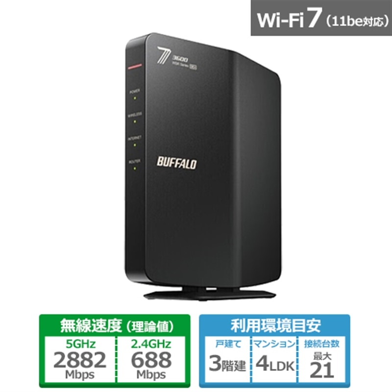 obt@[iBuffaloj Wi-Fi 7(11be)ΉfAohWi-Fi[^[ 2882+688Mbps AirStationiGAXe[Vj WSR3600BE4P-BK