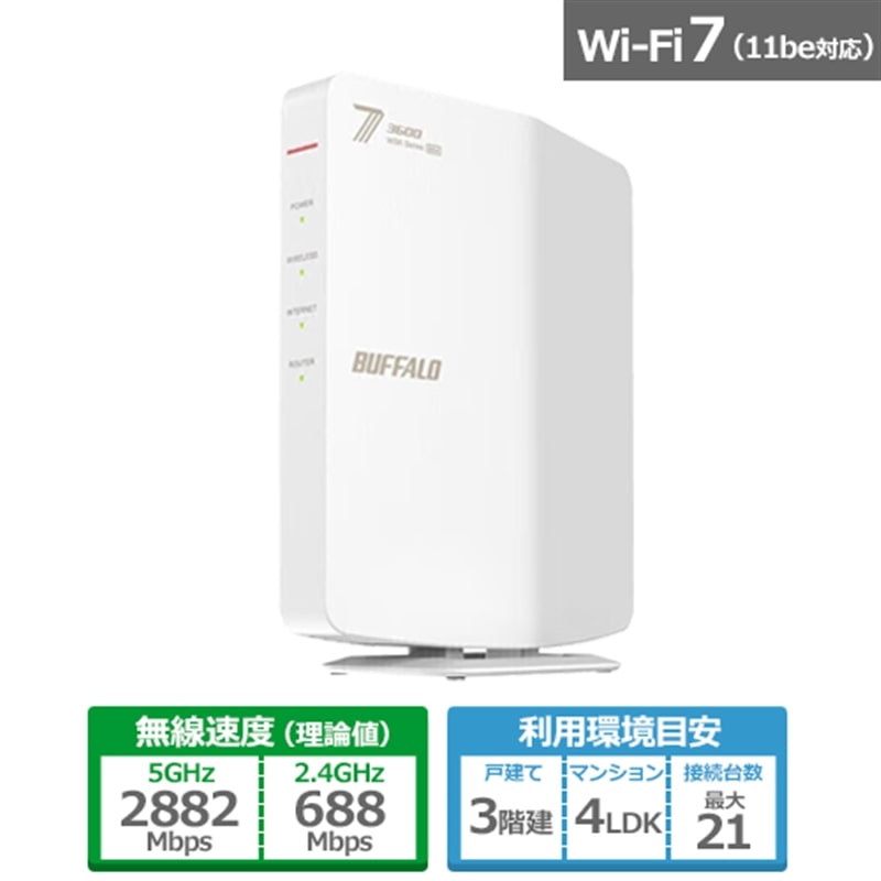 obt@[iBuffaloj Wi-Fi 7(11be)ΉfAohWi-Fi[^[ 2882+688Mbps AirStationiGAXe[Vj WSR3600BE4P-WH
